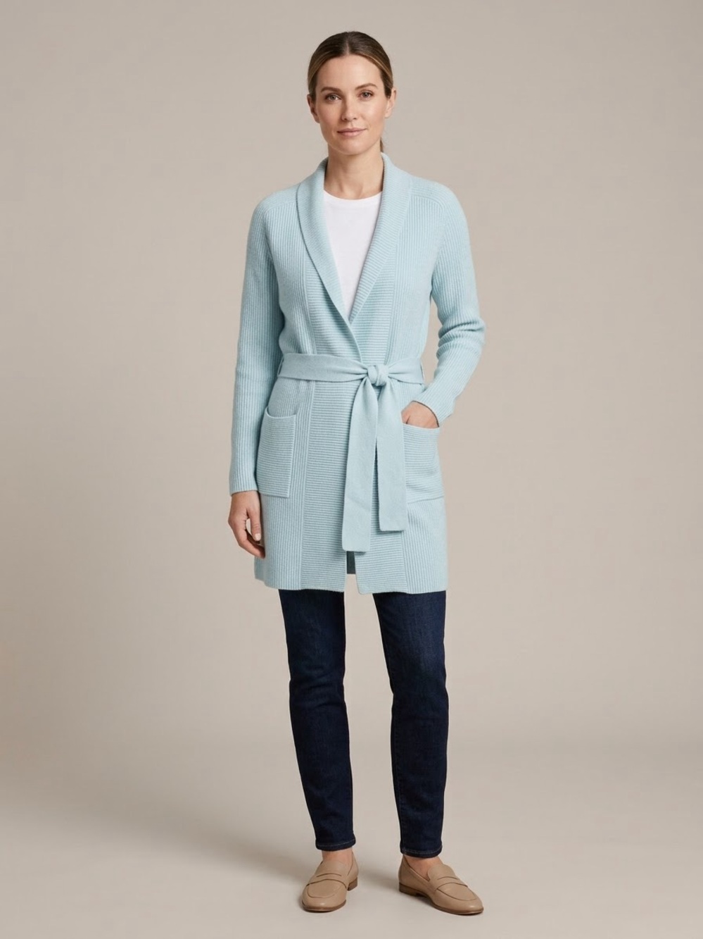 Ann Taylor Ribbed Belted Longline Cardigan Sweater Knit Wrap Open Front